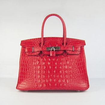 Hermes Birkin 30Cm Crocodile Head Stripe Handbags Red Silver